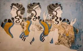 Ladies in Blue is a Minoan fresco that was also founded by Sir Evans at the Palace of Knossos. The women in the fresco depict the same style of clothing as the Minoan Snake Goddess.