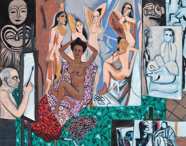 Faith Ringgold, Picasso's Studio: The French Collection Part I, #7, 1991 (detail). Acrylic on canvas, printed and tie-dyed pieced fabric, ink, 73 x 68 inches. Worcester Art Museum. © Faith Ringgold / ARS, NY and DACS, London, courtesy ACA Galleries, New Y
