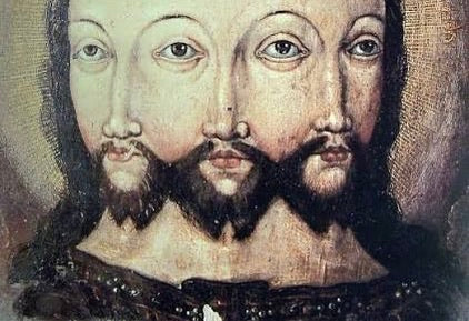 Three-faced Trinity, Church of Saint Quiriace of Provins (France), mural painting (detail), 16th century via Universidad Complutense de Madrid
