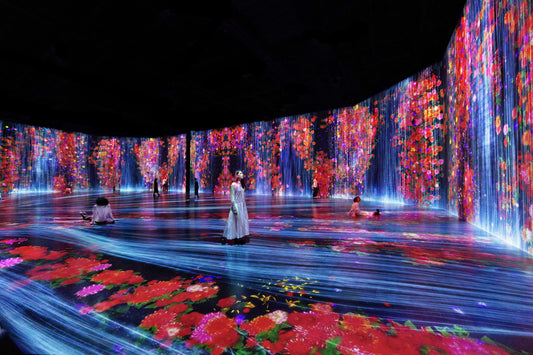 teamLab, Flowers and People, Cannot be Controlled but Live Together – Transcending Boundaries, A Whole Year per Hour, 2017. Sound: Hideaki Takahashi. Installation view of 'Every Wall is a Door', Superblue Miami, 2021. © teamLab. Courtesy of Pace Gallery, 
