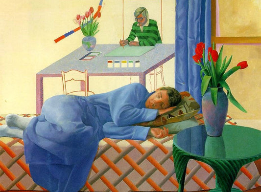David Hockney, Model with Unfinished Self-Portrait, 1977 via Artchive 