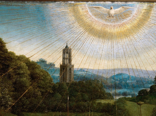 Jan van Eyck, The Ghent Altarpiece: Adoration of the Mystic Lamb (detail of the Holy Spirit in the guise of a dove), 1432 via Google Arts & Culture