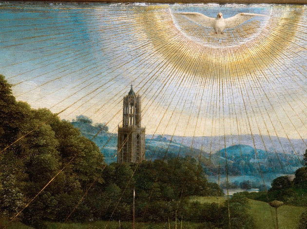 Jan van Eyck, The Ghent Altarpiece: Adoration of the Mystic Lamb (detail of the Holy Spirit in the guise of a dove), 1432 via Google Arts & Culture