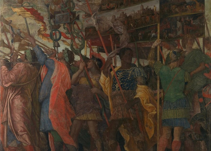 Andrea Mantegna, The Triumphs of Caesar: 1, The Trumpeters (cropped), mid-1480s-before 1506 via The National Gallery, London. Picture of the month, October 2026