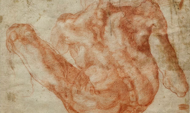 Michelangelo, Study of a Male Nude (recto), c. 1500–1510. Red chalk on paper. Preparatory study associated with the Sistine Chapel. Photograph by Alex Corp via The Guardian.