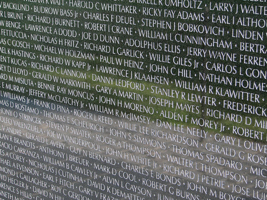 Names of Vietnam veterans at Vietnam Veterans Memorial in Washington, D.C. via Wikimedia Commons