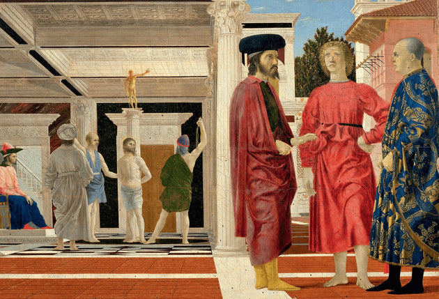 Piero della Francesca, The Flagellation of Christ, c. 1455–60. Galleria Nazionale delle Marche, Urbino. Digital Image © 2014 Photo Scala, Firenze via Wikipedia