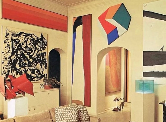 S.I. Newhouse Jr., Manhattan, 1970. Jackson Pollock (hanging, left), John Chamberlain (sculpture, left), Helen Frankenthaler (hanging, middle), Franz Kline (hanging, right).