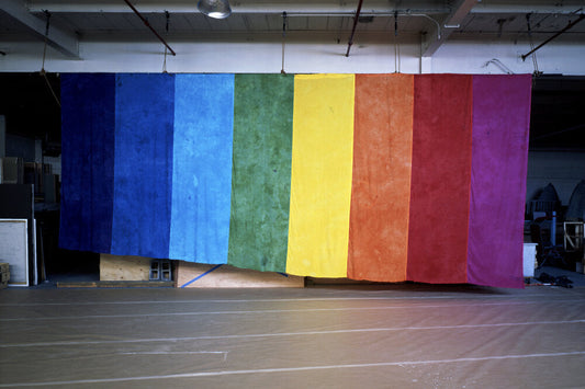 Segment of one of the original eight-color rainboy flags, donated by the Gilbert Baker Foundation in 2021. Photo by Matthew Leifheit